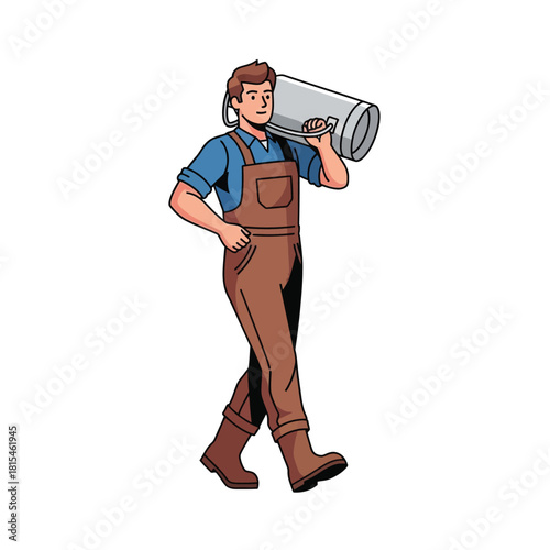 Young Professional in Overalls Carrying a Silver Tube