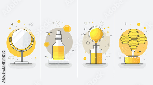 Set of Flat Design Beauty and Skincare Illustrations Featuring Natural Honey, Serum Bottles, and Cosmetic Elements