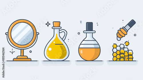 Natural Beauty & Skincare Icons: Mirror, Oils, and Honey for Wellness & Personal Care Products