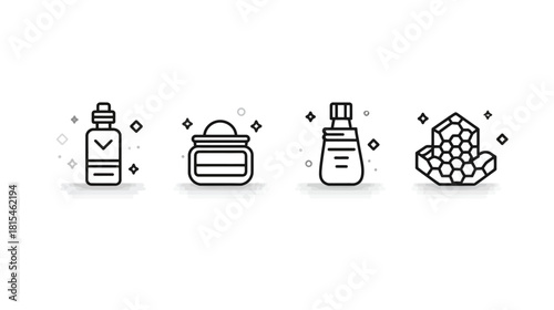 Natural Beauty Skincare Products Line Icons Set with Cosmetic Bottles, Cream Jar, and Organic Honeycomb Element