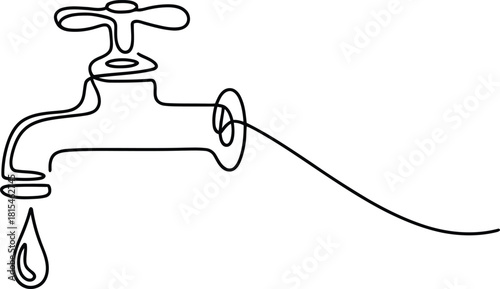 Minimal Continuous Line Water Faucet with Droplet Vector Illustration