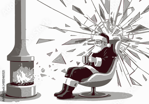 Stylized Santa Claus relaxing in a modern armchair with a mug amidst an explosion of shattering glass.