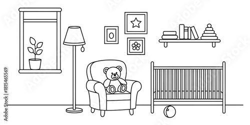 Cozy nursery room sketch isolated on transparent background, isolated on white background, Vector, illustration