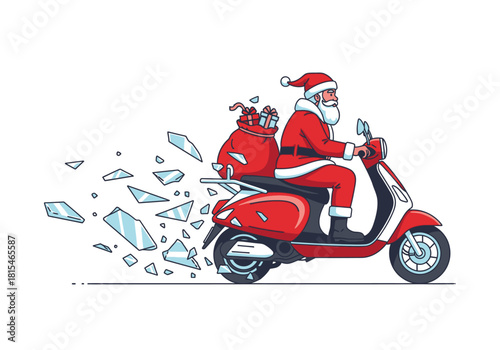 Santa Claus riding a red scooter with gift sack breaking through ice shards cartoon illustration.