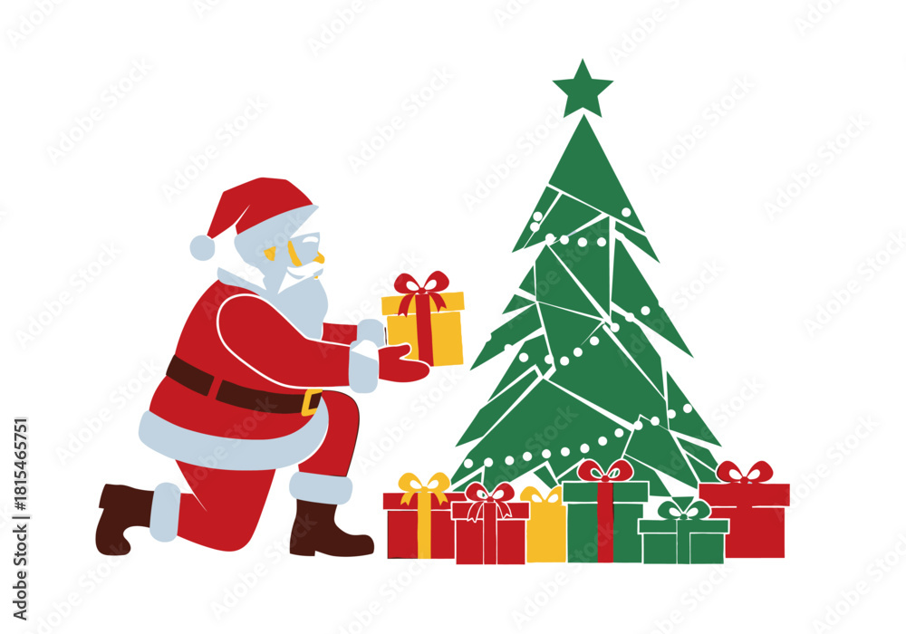 Fototapeta premium Santa Claus Kneeling Presenting Gift Near Christmas Tree Vector Illustration.