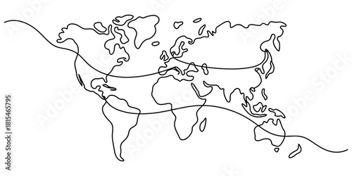 Continuous line world map isolated on transparent background, isolated on white background, Vector, illustration