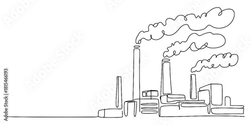 Continuous line art drawing of an industrial factory with multiple smoking chimneys, illustrating air pollution and environmental impact Vector, illustration