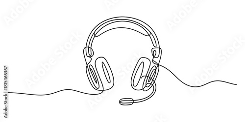 Continuous line drawing of headphones with microphone isolated on transparent background, isolated on white background, Vector, illustration