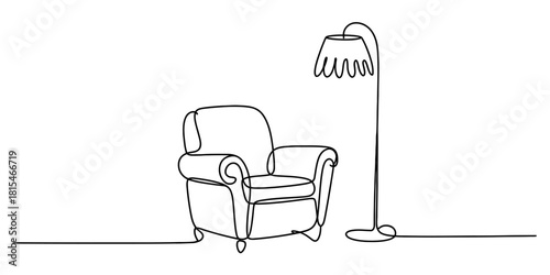 Minimalist one line drawing of armchair and floor lamp isolated on transparent background, isolated on white background, Vector, illustration