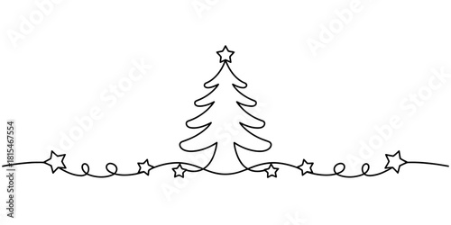 Continuous line christmas tree and star garland isolated on transparent background, isolated on white background, Vector, illustration