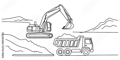Excavator loading dump truck one-line drawing isolated on transparent background, isolated on white background, Vector, illustration