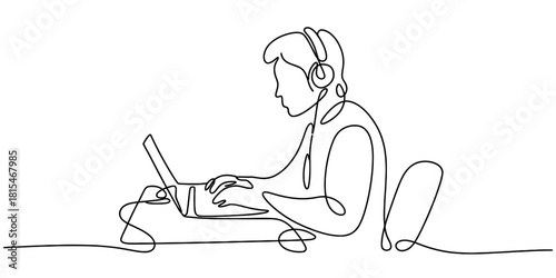 Continuous line drawing of person working on laptop with headphones isolated on transparent background, isolated on white background, Vector, illustration