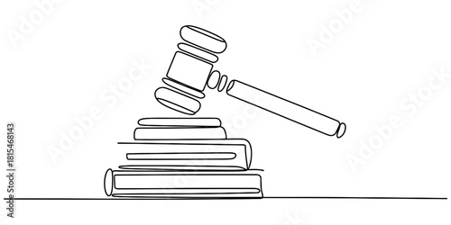Continuous line drawing of gavel and law books isolated on transparent background, isolated on white background, Vector, illustration