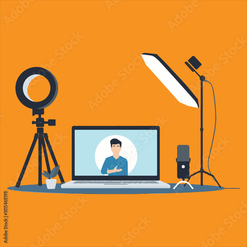 Online Video Content Creation Studio Vector Illustration,Digital Marketing Presentation on Laptop Screen Vector,Content Creator Workspace with Camera and Lights,Flat Design Vector of Video.