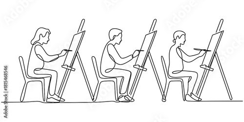 Continuous line drawing of artists painting isolated on transparent background, isolated on white background, Vector, illustration