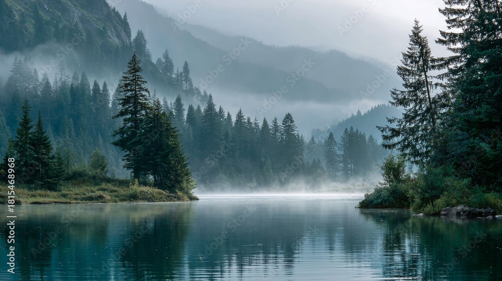 Fototapeta premium Serene Mountain Lake Surrounded by Misty Forests and Lush Greenery Under a Peaceful Sky at Dawn in a Tranquil Natural Landscape Setting