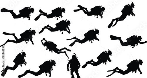 Set of black silhouettes showing scuba divers swimming underwater, isolated on white background, vector illustration collection for ocean sports, adventure, diving concepts.