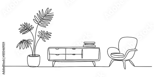Continuous line drawing of interior furniture isolated on transparent background, isolated on white background, Vector, illustration