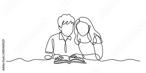 Continuous line art of couple reading a book isolated on transparent background, isolated on white background, Vector, illustration