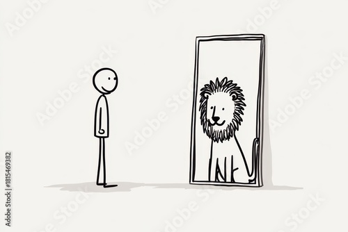 Motivational Stick Figure Seeing Lion Reflection in Mirror Symbolizing Confidence and Self-Belief