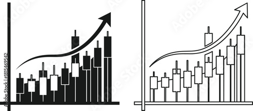 Rising financial chart illustration with candlestick bars, upward trend arrow, market growth analytics, investment performance data, stock trading visualization for economic success