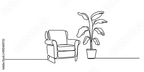 Continuous line drawing: armchair and potted plant isolated on transparent background, isolated on white background, Vector, illustration