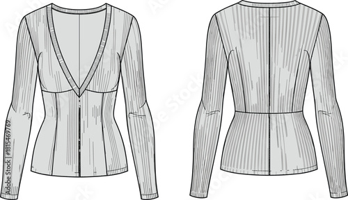 Women’s long sleeve top sketch, deep V-neckline, front and back view, seam detail, cad drawing flat vector illustration