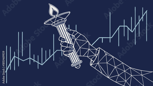 Geometric representation of human hand holding candlestick, symbolizing stock market trends and financial growth