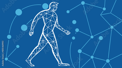 Polygonal human figure walking against blue background, symbolizing movement and connection in digital world