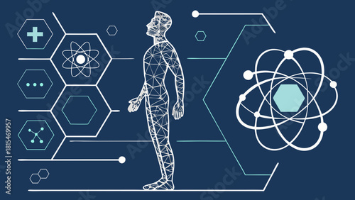 Abstract human body silhouette with nuclear atom motifs, representing science and technology concepts