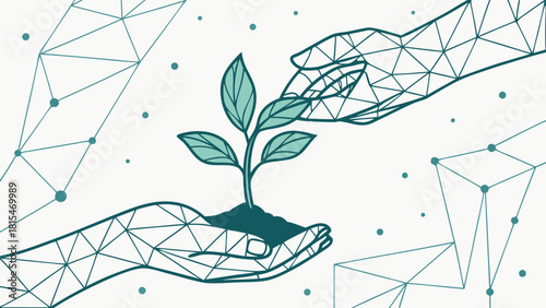Abstract human hands holding sprout in polygonal geometric style, symbolizing growth and care