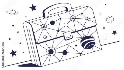 Abstract image of briefcase designed with celestial elements, featuring planets and stars, evoking sense of creativity