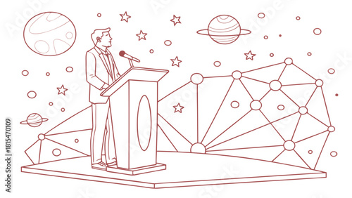 Business man standing behind podium in space, delivering speech with planets and stars in background, conveying inspiration