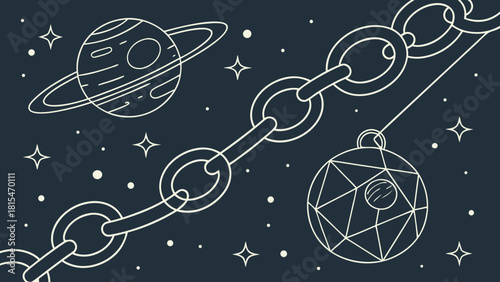 Abstract image of chain links with planet and stars in cosmic background, conveying sense of connection and wonder