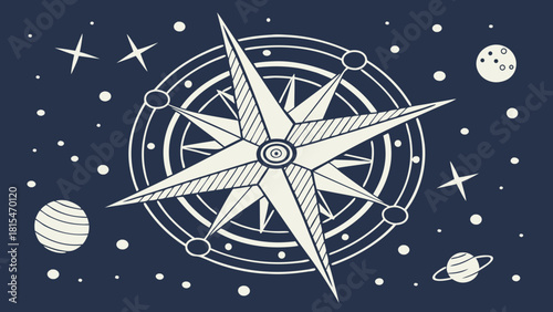 Abstract image of compass in form of star, surrounded by celestial elements, evokes sense of exploration and wonder