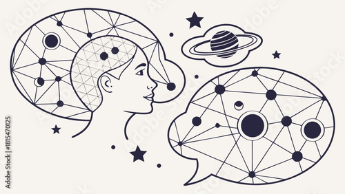 Creative illustration of person with abstract dialogue clouds, featuring cosmic elements and interconnected lines