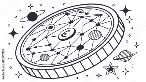 Abstract image of euro cent coin surrounded by stars and planets, representing cosmic theme and financial concept