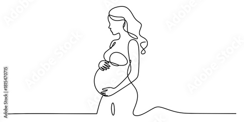 Continuous line drawing of pregnant woman isolated on transparent background, isolated on white background, Vector, illustration
