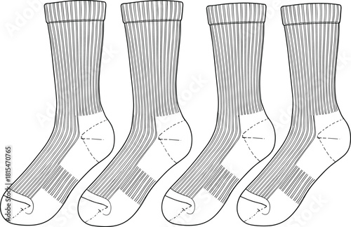 Black and white technical sock design, ribbed cuff, reinforced heel, sole pattern, textile blueprint, cad drawing flat vector illustration