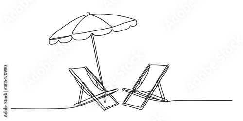 Continuous line beach scene isolated on transparent background, isolated on white background, Vector, illustration