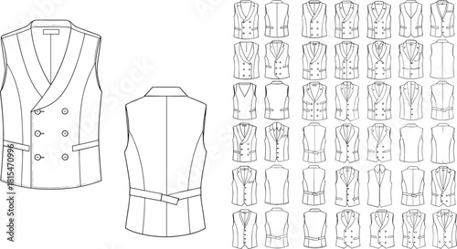 Double-breasted vest fashion sketch, front and back view, design variations, tailoring details, cad drawing flat vector content illustration