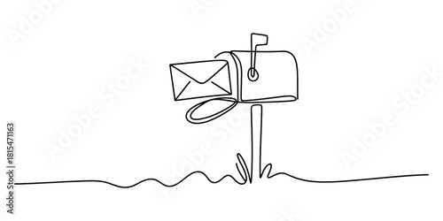 Continuous line mailbox with envelope isolated on transparent background, isolated on white background, Vector, illustration