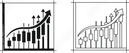 Business growth chart illustration, candlestick bar graph, upward arrow trend, financial performance, infographic style, cad drawing flat vector content