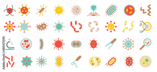 Bacteria and virus, cute microorganism icon set, flat style