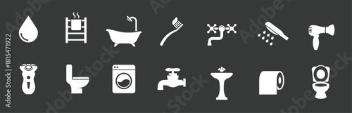 bathroom icon set white on a black background