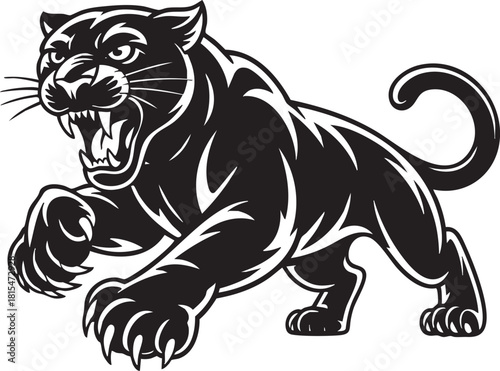 A stylized illustration of a powerful black panther in a predatory stance, baring its teeth and extending its sharp claws.
