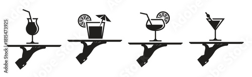  black icons of human hand with a tray on a white background