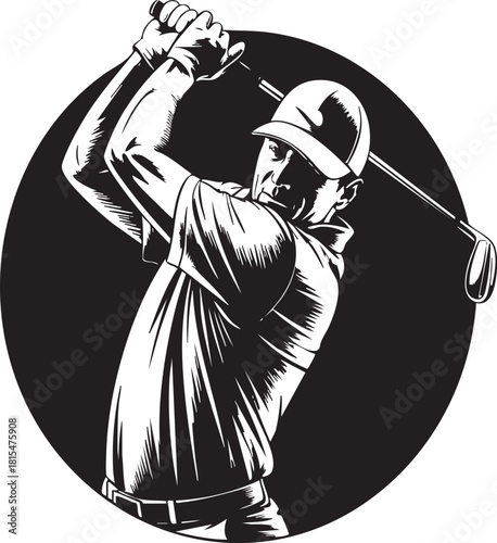 A dynamic black and white illustration captures a golfer in mid-swing, set against a stark circular background.