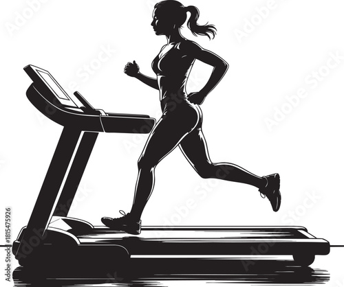 A black silhouette of a fit woman running on a treadmill against a white background, conveying fitness and exercise.