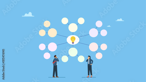 Business people writing mind map diagram for easy understand. Mind map diagram for idea research, plan or thinking for solution to solve problem, visualization or prioritize, decision making.
